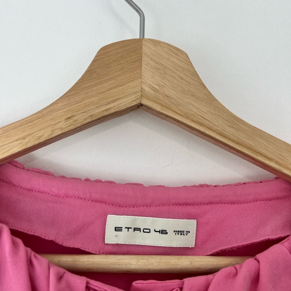 Etro Pink 100% Silk Ruffled Neckline Oversized Button Up Tie Blouse UK L - Picture 6 of 15